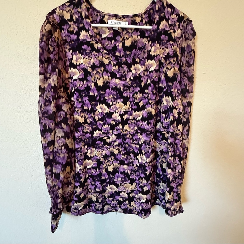 Chico’s Floral Sheer Blouse Size (3)XL Purple Black Organza Long Sleeve Top - Picture 3 of 12
